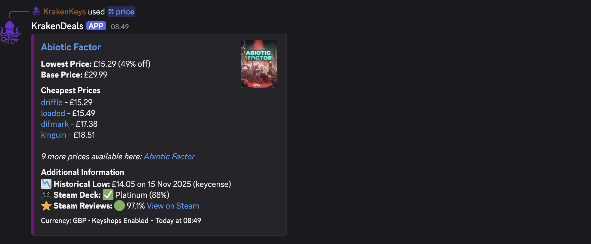 KrakenDeals: Free Open-Source Discord Bot for Steam Game Prices